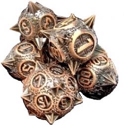 SPIKY METAL DICES -  ANTIQUE GOLD WITH BLACK SUEDECLOTH DICE BAG (7)