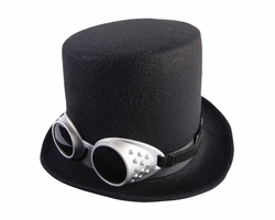 STEAMPUNK -  BLACK FAUX SUEDE TOP HAT WITH GOGGLES