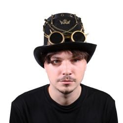 STEAMPUNK -  BLACK TOP HAT WITH GOGGLES