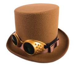 STEAMPUNK -  BROWN FAUX SUEDE TOP HAT WITH GOGGLES