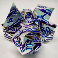 STRIPED METAL DICE KIT -  SILVER WITH BLUE & PURPLE STRIPES AND PURPLE NUMBERS IN BLACK SUEDECLOTH BAG (7)