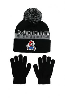SUPER MARIO -  BEANIE WITH POMPOM AND GLOVES - BLACK AND GREY
