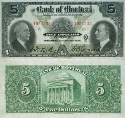 THE BANK OF MONTREAL -  1931 5-DOLLAR NOTE (F) -  1931 CANADIAN BANKNOTES