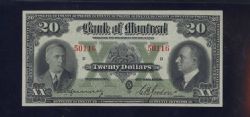 THE BANK OF MONTREAL -  1938 20-DOLLAR NOTE (AU) -  1938 CANADIAN BANKNOTES