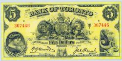 THE BANK OF TORONTO -  1937 5-DOLLAR NOTE (F) -  1937 CANADIAN BANKNOTES