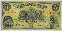 THE BANK OF TORONTO -  1937 5-DOLLAR NOTE (VF) -  1937 CANADIAN BANKNOTES