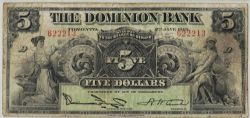 THE DOMINION BANK -  1925 5-DOLLAR NOTE (F) -  1925 CANADIAN BANKNOTES
