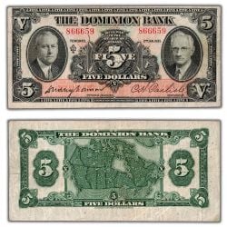 THE DOMINION BANK -  1935 5-DOLLAR NOTE -  1935 CANADIAN BANKNOTES