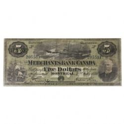 THE MERCHANTS BANK OF CANADA -  1886 5-DOLLAR NOTE (F+) -  1886 CANADIAN BANKNOTES