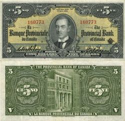 THE PROVINCIAL BANK OF CANADA -  1936 5-DOLLAR NOTE (VG) -  1936 CANADIAN BANKNOTES
