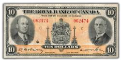 THE ROYAL BANK OF CANADA -  1935 10-DOLLAR NOTE (VF) -  1935 CANADIAN BANKNOTES