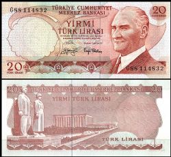 TURKEY -  20 LIRA 1970 (1974) (UNC) 187A