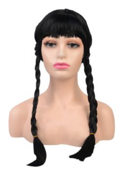 WEDNESDAY -  WEDNESDAY WIG - PIGTAIL WIG WITH BANGS - BLACK (ADULT)