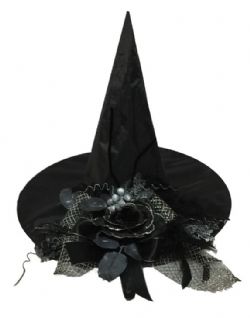 WITCH -  BLACK WITCH HAT WITH BOW AND FLOWER