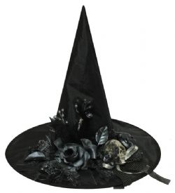 WITCH -  BLACK WITCH HAT WITH SKULL, BOW AND FLOWERS