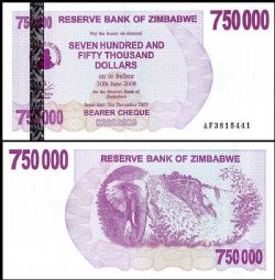ZIMBABWE -  750,000 DOLLARS 2007 (UNC) 52