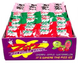 ZOTS -  4-PIECE SOUR & FIZZY CANDY STRIP - RANDOM FLAVOR (APPLE, CHERRY & WATERMELON)
