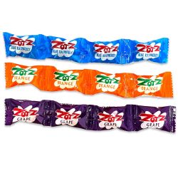 ZOTS -  4-PIECE SOUR & FIZZY CANDY STRIP - RANDOM FLAVOR (FRAMBOISE BLEUE, ORANGE & GRAPE)