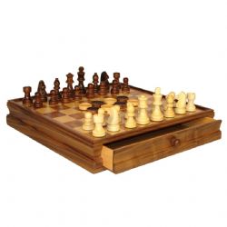 ÉCHECS -  CHESS - COMBO SET: WOOD INLAID CHEST/CHESSMEN W/CHECKERS