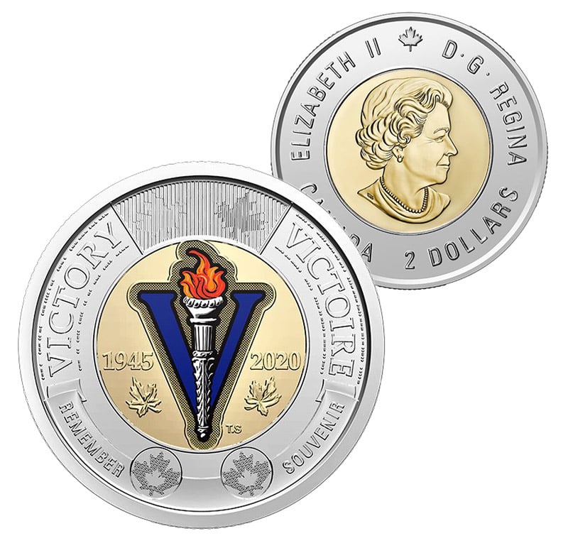 2 Dollars 2 Dollars 75e Anniversaire De La Fin De La Seconde Guerre Mondiale Colore Brillant Incircule Bu Pieces Du Canada 03 Pieces Du Canada 07 2 Dollars