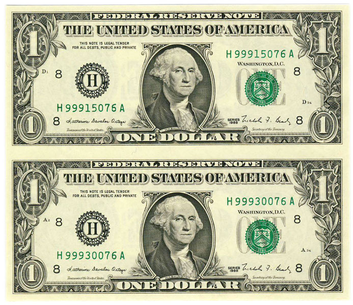 FEUILLE DE 2 BILLETS DE 1 DOLLAR AMERICAIN