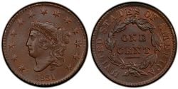1 CENT -  1 CENT 1831, GRANDES LETTRES (EF) -  1831 UNITED STATES COINS