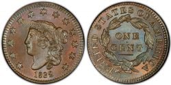 1 CENT -  1 CENT 1832, LETTRES MEDIUM (EF) -  1832 UNITED STATES COINS