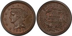 1 CENT -  1 CENT 1847, 7-SUR-PETIT-7 (AG) -  PIÈCES DES ÉTATS-UNIS 1847