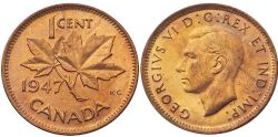 1 CENT -  1 CENT 1947 FEUILLE D'ÉRABLE & 7 DROIT -  1947 CANADIAN COINS