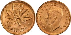 1 CENT -  1 CENT 1949 «A» POINTE VERS LARGE DENTICULES -  1949 CANADIAN COINS