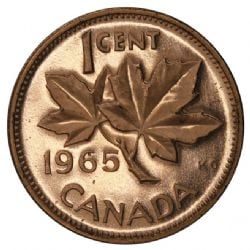 1 CENT -  1 CENT 1965 VARIÉTÉ 2 : PETITES PERLES 5 DROIT - PLACAGE DÉFECTUEUX (PL) -  PIÈCES DU CANADA 1965