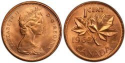 1 CENT -  1 CENT 1965 VARIÉTÉ 3 : GROSSES PERLES 5 DROIT - DOUBLE FRAPPE DE LA LÉGENDE (BU) -  PIÈCES DU CANADA 1965