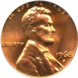 1 CENT -  1 CENT 1968-D (BU) -  1968 UNITED STATES COINS