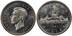 1 DOLLAR -  1 DOLLAR 1947 7 POINTU, DOUBLE FRAPPE DU 4 -  PIÈCES DU CANADA 1947