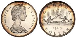 1 DOLLAR -  1 DOLLAR 1965 PETITES PERLES, 5-POINTU, MATRICE TOURNÉE À 15° (CIRCULÉ) -  PIÈCES DU CANADA 1965
