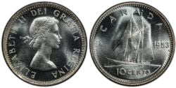 10 CENTS -  10 CENTS 1953 AVEC PLI & DOUBLE DATE -  1953 CANADIAN COINS