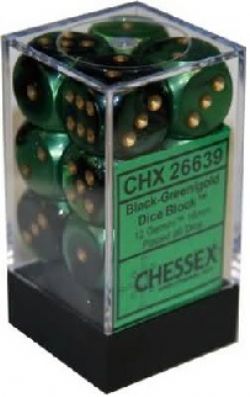 12D6 ENSEMBLE DÉS -  12D6 16MM NOIR-VERT/OR -  GEMINI CHX