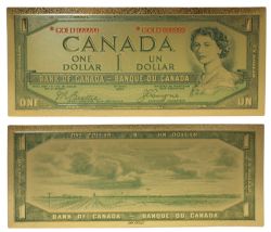 1954 - MODIFIED PORTRAIT -  COPIE DU BILLET DE 1 DOLLAR 1954 DU CANADA (PLAQUÉ EN OR PUR)