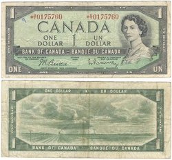 1954 - PORTRAIT MODIFIE -  1 DOLLAR 1954, BEATTIE/RASMINSKY PRÉFIXES O/Y