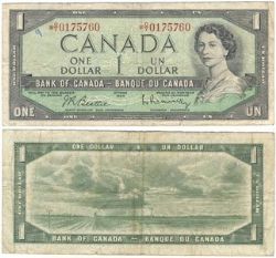 1954 - PORTRAIT MODIFIE -  1 DOLLAR 1954, BEATTIE/RASMINSKY PRÉFIXES O/Y