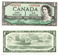1954 - PORTRAIT MODIFIE -  1 DOLLAR 1954, BOUEY/RASMINSKY PRÉFIXES C/F