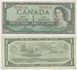 1954 - PORTRAIT MODIFIE -  1 DOLLAR 1954, BOUEY/RASMINSKY PRÉFIXES I/F - U/F