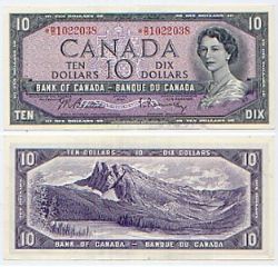 1954 - PORTRAIT MODIFIE -  10 DOLLARS 1954, BEATTIE/RASMINSKY PRÉFIXES B/D
