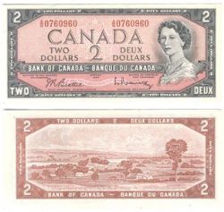 1954 - PORTRAIT MODIFIE -  2 DOLLARS 1954, BEATTIE/RASMINSKY PRÉFIXES A/G