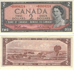 1954 - PORTRAIT MODIFIE -  2 DOLLARS 1954, BEATTIE/RASMINSKY PRÉFIXES B/B
