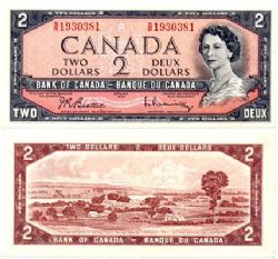 1954 - PORTRAIT MODIFIE -  2 DOLLARS 1954, BEATTIE/RASMINSKY PRÉFIXES S/R