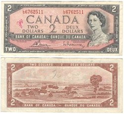 1954 - PORTRAIT MODIFIE -  2 DOLLARS 1954, BOUEY/RASMINSKY (F)