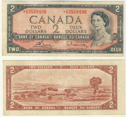 1954 - PORTRAIT MODIFIE -  2 DOLLARS 1954, BOUEY/RASMINSKY PRÉFIXE *A/G (VG)