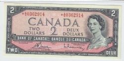 1954 - PORTRAIT MODIFIE -  2 DOLLARS 1954, BOUEY/RASMINSKY PRÉFIXE *A/G