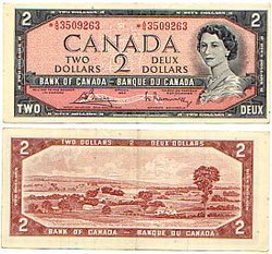 1954 - PORTRAIT MODIFIE -  2 DOLLARS 1954, BOUEY/RASMINSKY PRÉFIXES A/G (EF)